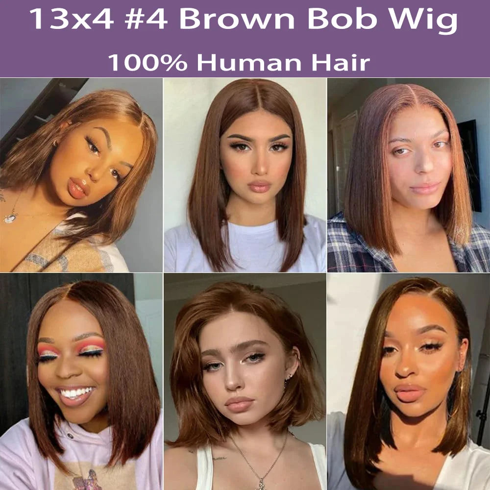 13x4 Lace Frontal Wig Short Bob Wig Chocolate Brown #4 Transparent HD Lace Front Wigs Pre Plucked Human Hair Short Straight Wigs