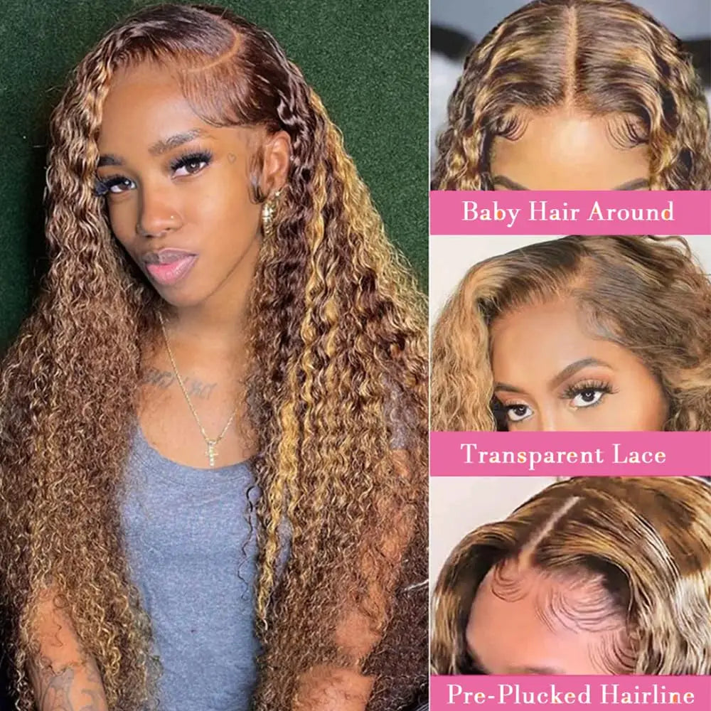 4/27 Colored Highlight Ombre Brown 180% 13x4 HD Lace Front Human Hair Wig 30 Inch Curly Deep Wave Lace Frontal Wigs For Women