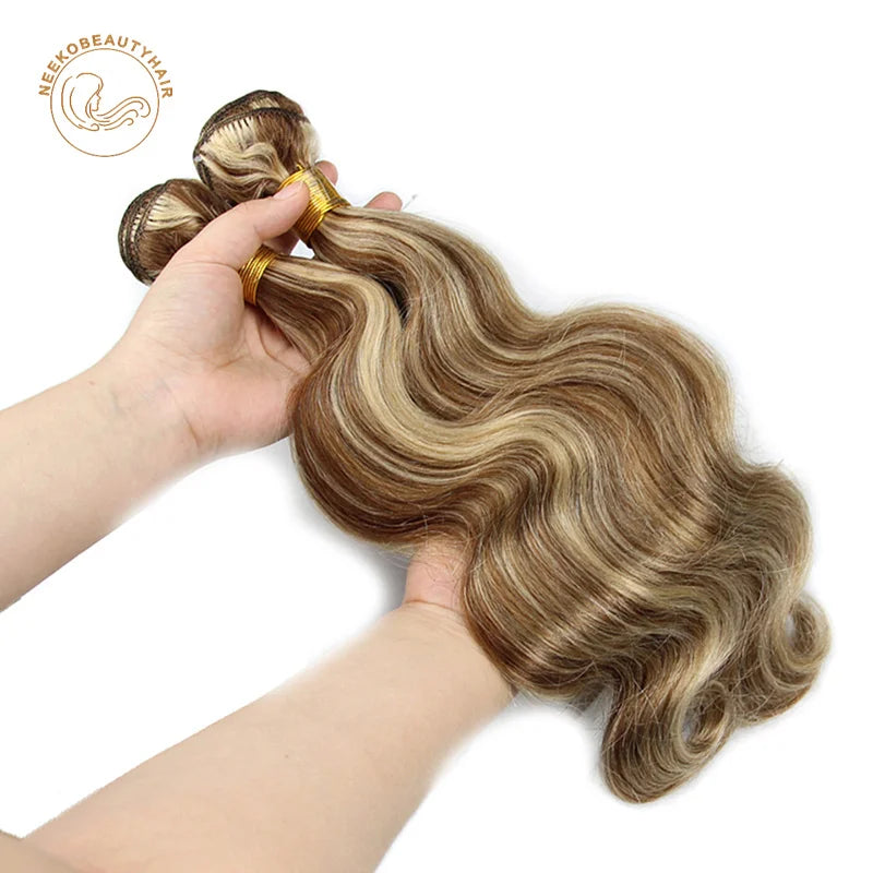 Highlight Blonde Human Hair Bundle with Closure Piano Color P4/613 3 Bundles with Frontal Body Wave Hair