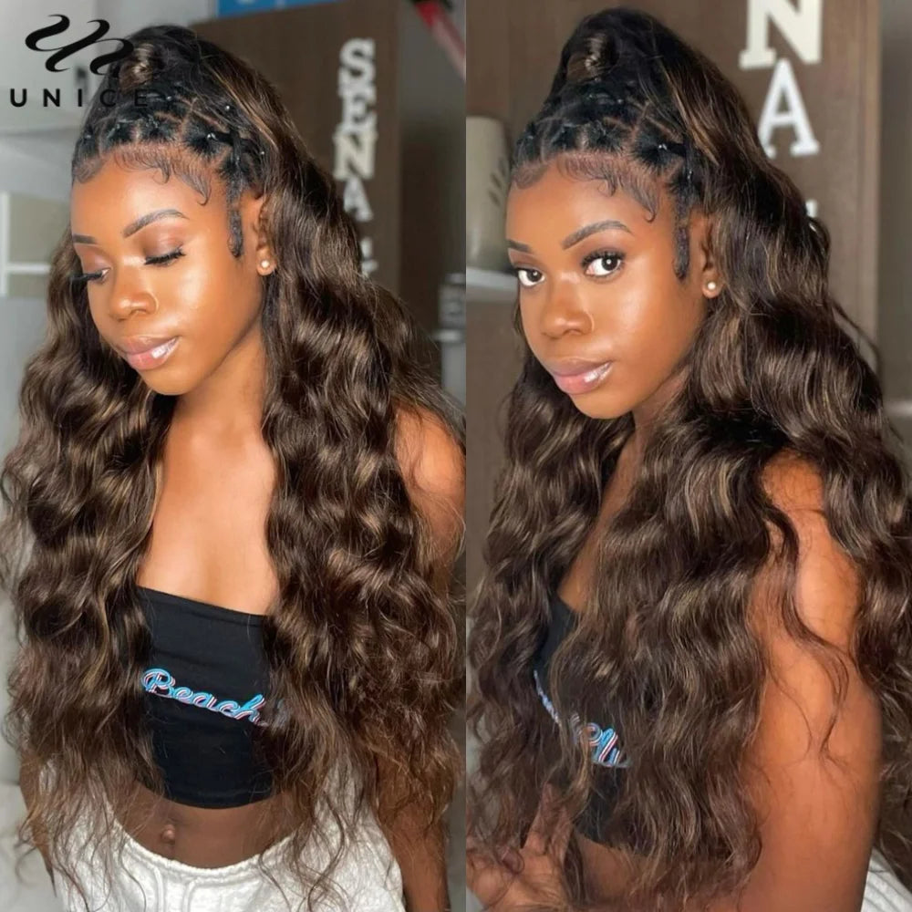 Unice FB30 Balayage Highlight Body Wave Human Hair Bundles 3PCS Deal 100% Human Hair Ombre Brown Colored Bundles Sew In Weaves