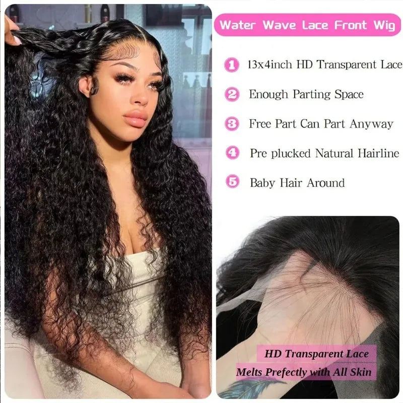 13x4 HD Transparent Deep Wave 250 Density Lace Frontal Human Hair Wig 30Inch Lace Front Wig PrePlucked For Women