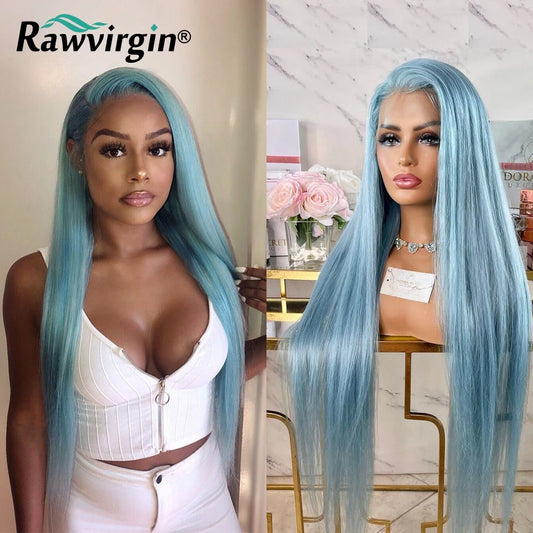 Light Blue Long Natural Straight Wig 13x4 HD Lace Frontal Wig Human Hair Brazilian Pre Plucked Lace Wigs for Black Women