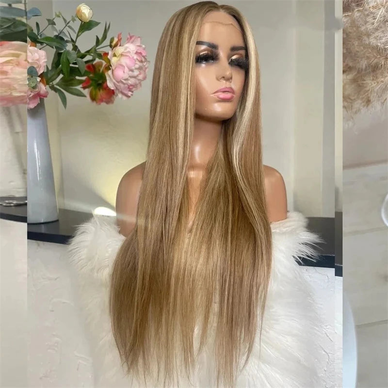 Ombre Glueless Honey Blonde Wig Human Hair Brown Highlight Wig Straight Wig 13x4 HD Lace Front Human Hair Wigs For Women