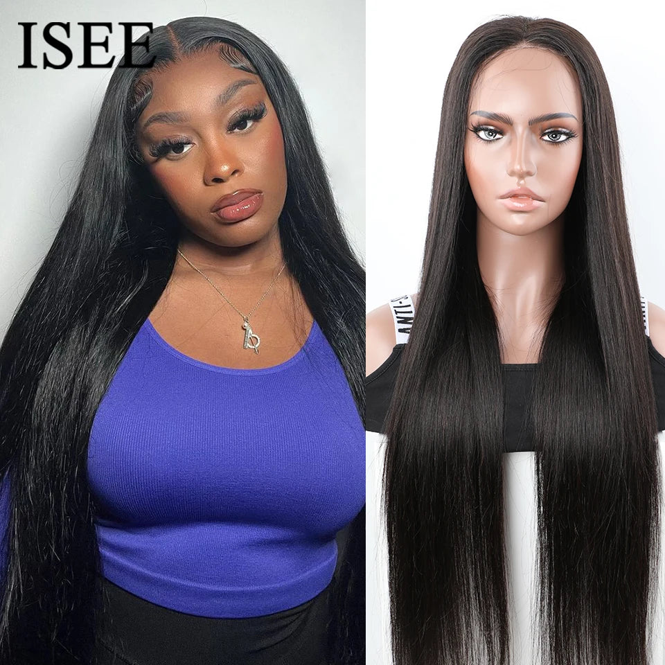 ISEE Hair Glueless Wig Wear And Go Pre Bleached Knots Bone Straight Human Hair Wigs PrePlucked HD Transparent Lace Closure Wig