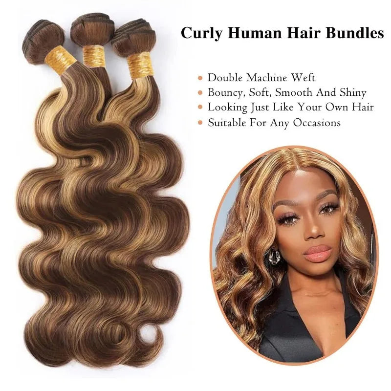 P4/27 Highlight Body Wave Human Hair Bundles 100g/pc Honey Blonde Bundle Brazilian Virgin Human Hair Weave Extensions For Women