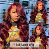 200 Density 99J Burgundy Body Wave Lace Frontal Wig Human Hair 36 Inch 13x6 Transparent Lace Frontal Human Hair Wigs for Women