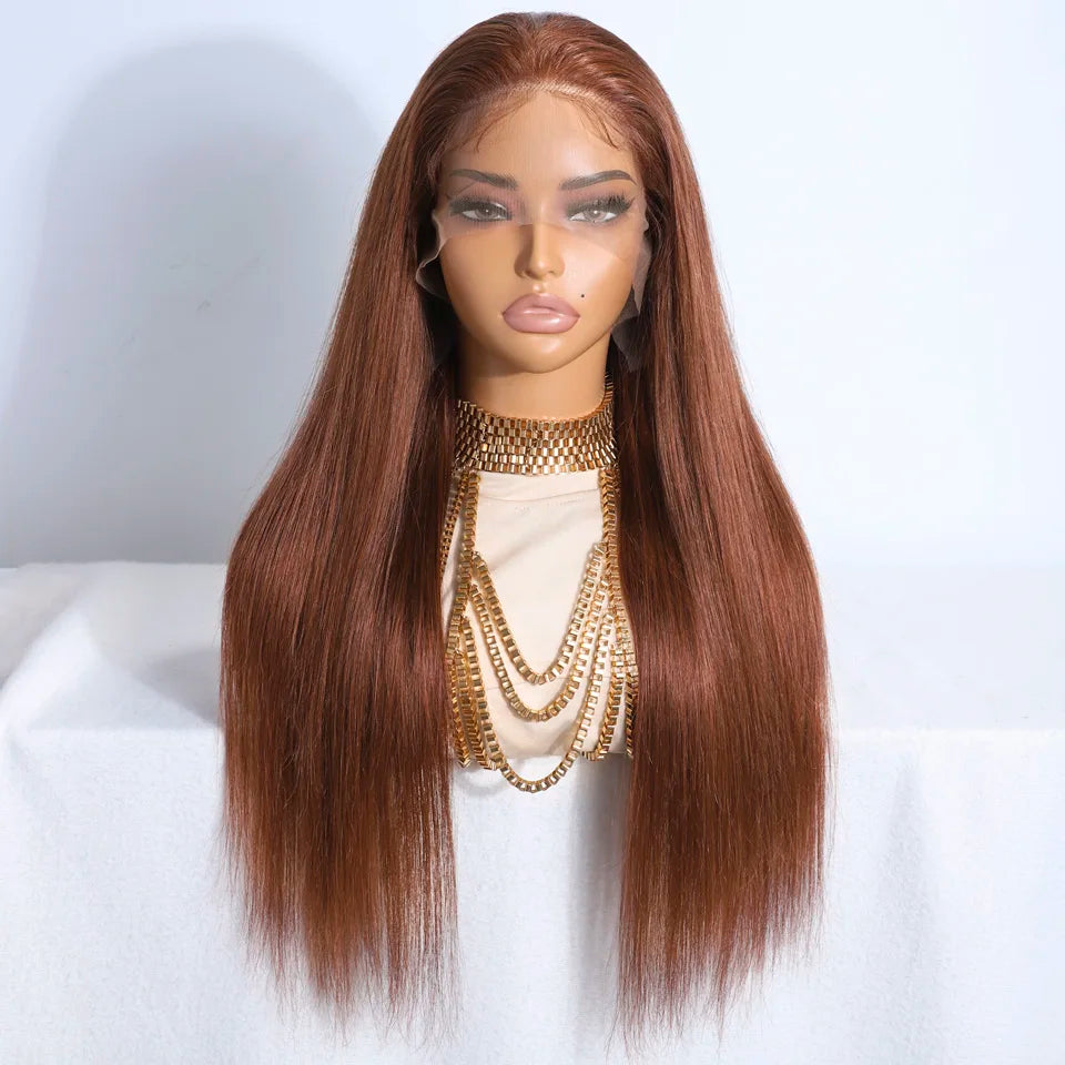 Lekker Chocolate Brown Bone Straight Lace Frontal Human Hair Wigs For Women Brazilian Remy Hair Pre Plucked Baby Hair 30" Wigs