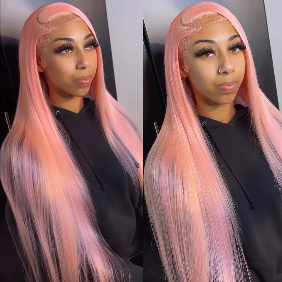 Pink Straight Human Hair Wig Body Wave 13x4 Transparent Lace Frontal Wigs 180% Density Colored Pre Plucked Brazilian Remy Wigs