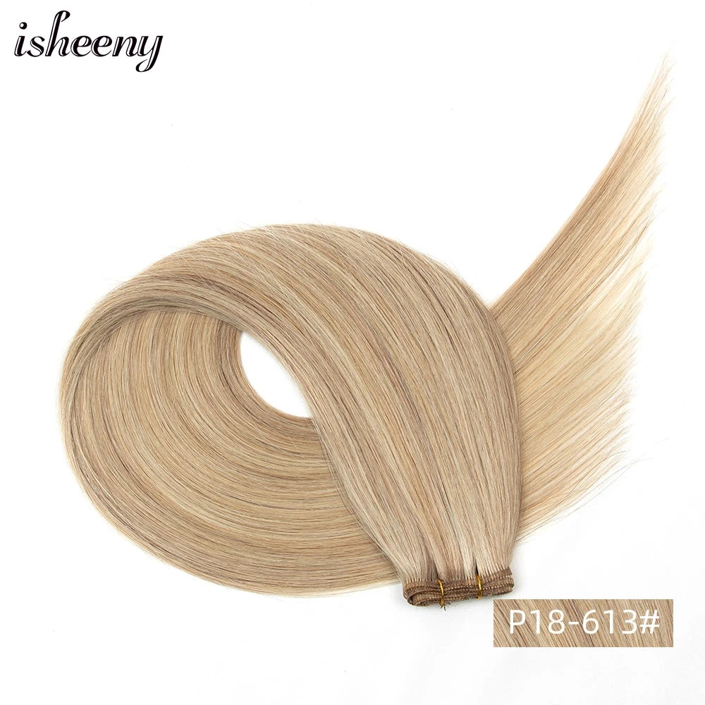 Isheeny Genius Weft Human Hair Extensions 12-20 inches Flexible Hair Weaves Natural Straight Brazilian Hair Bundles 35-50g