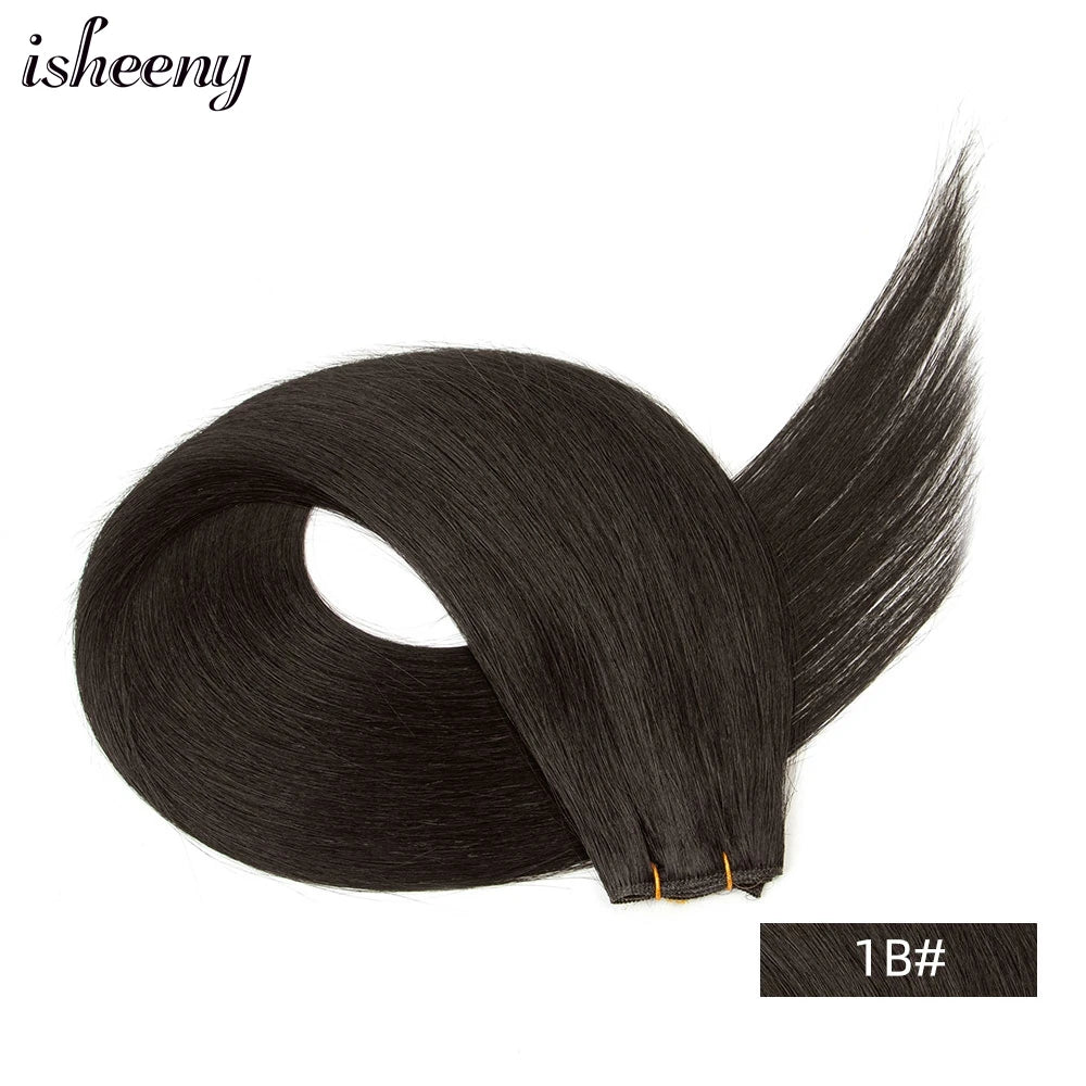 Isheeny Genius Weft Human Hair Extensions 12-20 inches Flexible Hair Weaves Natural Straight Brazilian Hair Bundles 35-50g