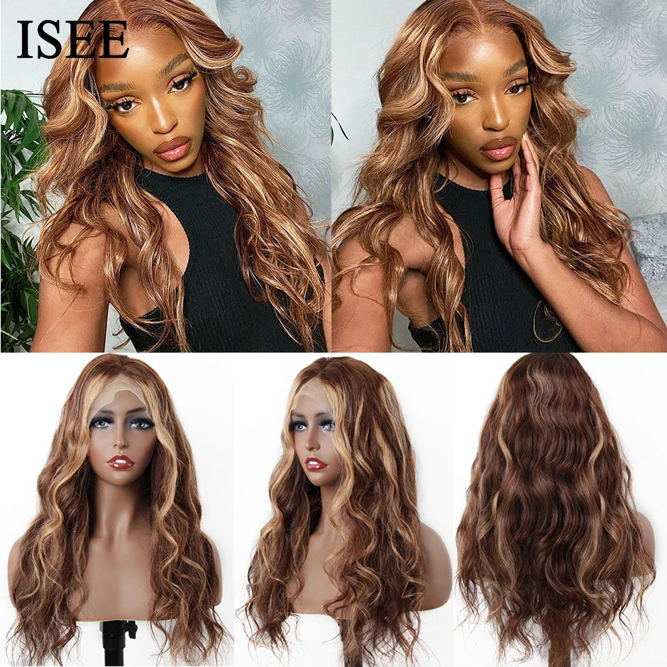 ISEE HAIR Long Highlight Body Wave lace front Human Hair Wigs For Women Peruvian Body Wave Wig Human Hair 4X4 Lace Closure Wig