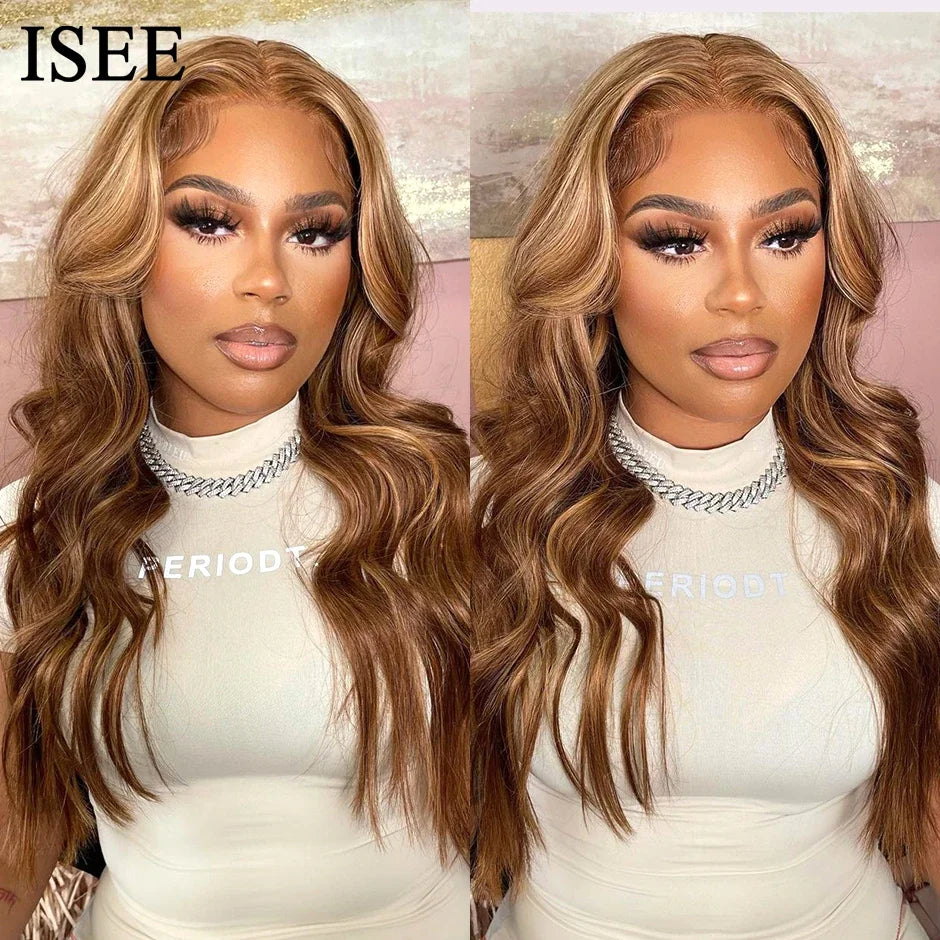 ISEE HAIR Long Highlight Body Wave lace front Human Hair Wigs For Women Peruvian Body Wave Wig Human Hair 4X4 Lace Closure Wig