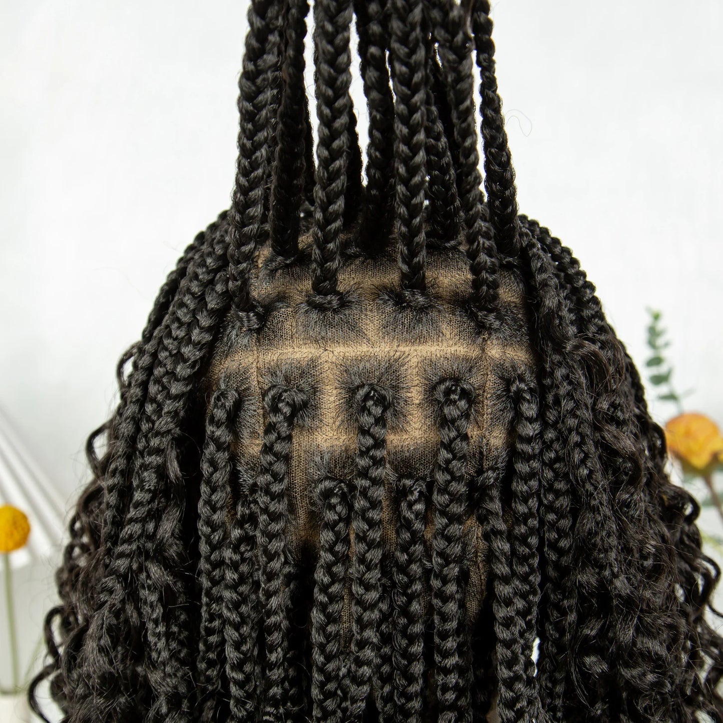 Bohemian Braided Wigs Boho Box Braid Wigs Knotless Goddess Locs Wigs Synthetic with Curly Ends Synthetic Full Lace Braided Wig