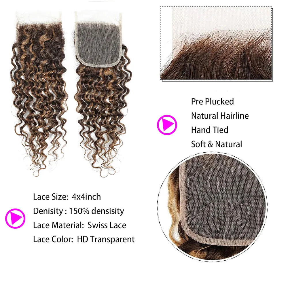 Linhua P4/27 Highlight Deep Wave Bundles With Closure Ombre Honey Blonde 3 / 4 Human Hair Bundles With Transparent Closure