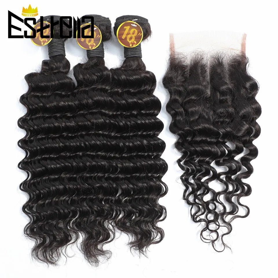 Deep Wave 3 Bundles With Closure Peruvian Human Hair Bundles With 4×4 Lace Closure 100% Human Hair Bundles With Closure 220g/lot