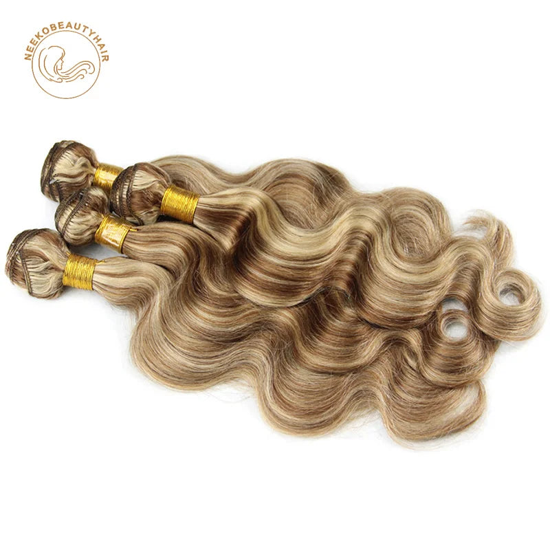 Highlight Blonde Human Hair Bundle with Closure Piano Color P4/613 3 Bundles with Frontal Body Wave Hair