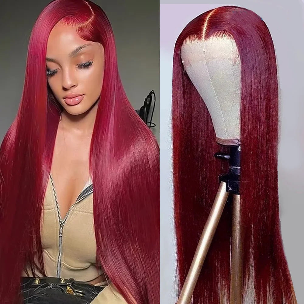 99j Burgundy Lace Front Human Hair Wig 36 Inch Straight Colored Red Lace front Brazilian Hair Wigs for Black Women