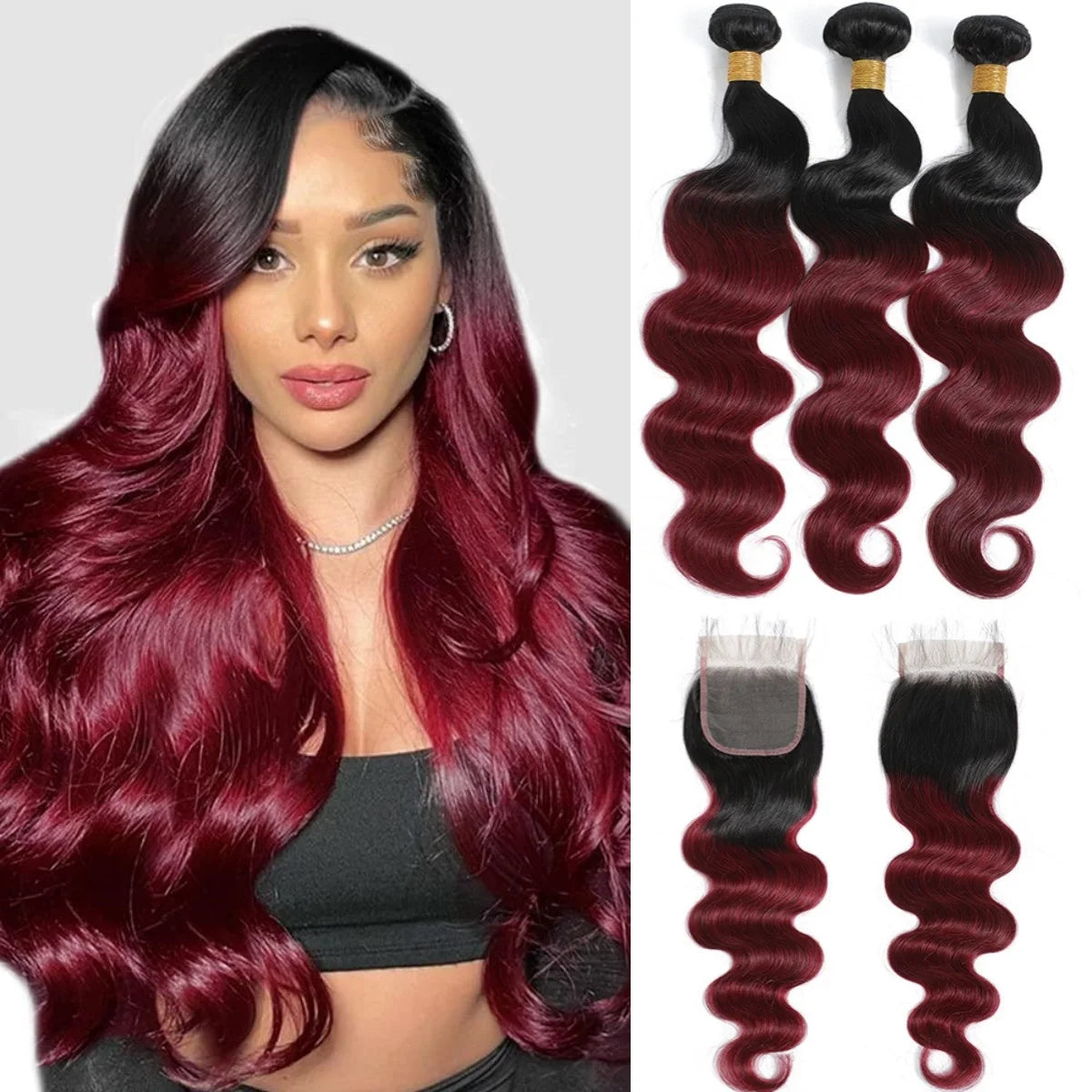 Body Wave 99J Burgundy Human Hair Bundles with Closure 4x4 Transparent Lace Front Closure Brazilian Red Wine Hair Extenstions