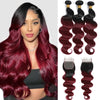 Body Wave 99J Burgundy Human Hair Bundles with Closure 4x4 Transparent Lace Front Closure Brazilian Red Wine Hair Extenstions