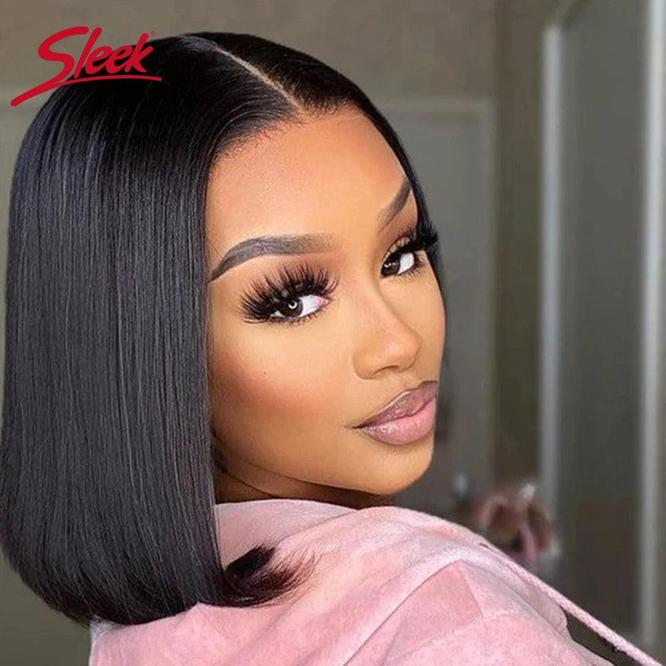 Sleek Remy Brazilian Straight Lace Bob Wigs Short Lace Part Human Hair Wigs 200% Density Cheap Nature Black Dark Human Hair Wigs