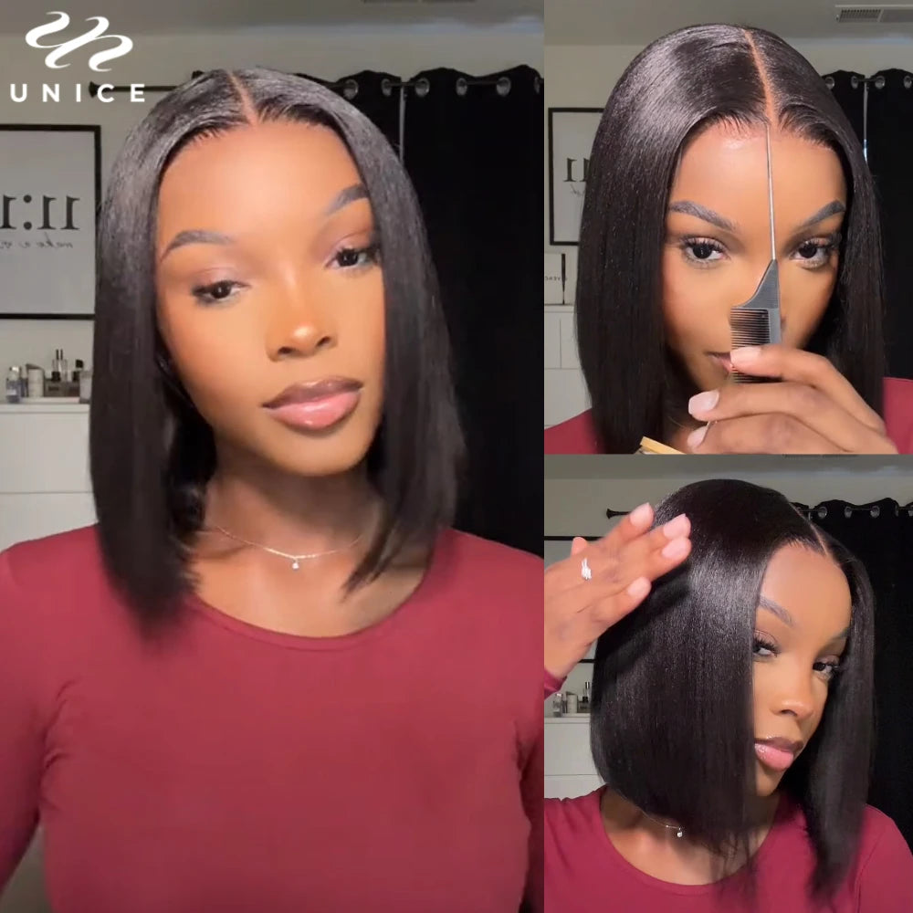 UNice Hair Yaki Straight Bob Wig Pre Cut Pre Bleached 7x5 Lace Closure Glueless Wigs RHuman Hair eady To Wear Go