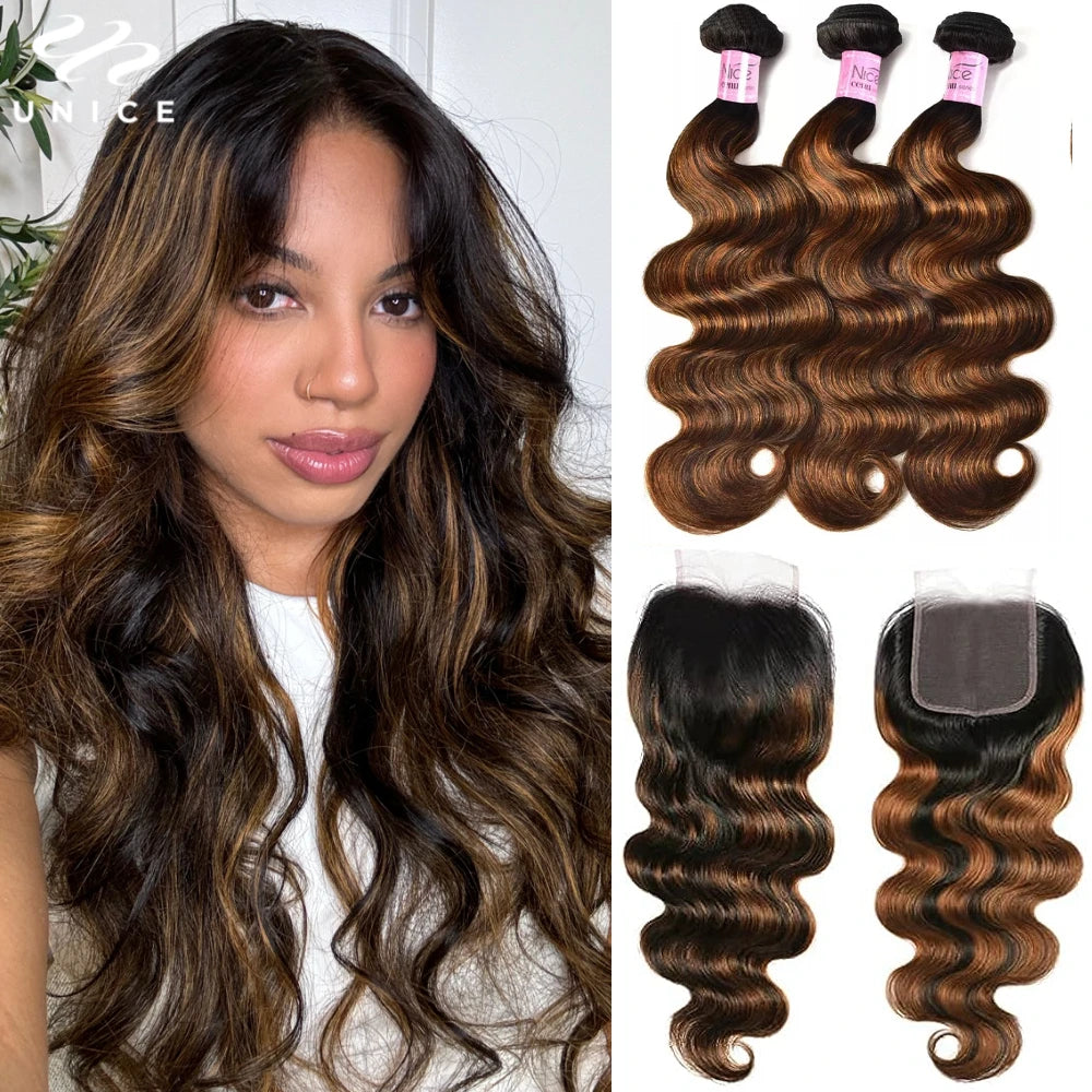 UNICE Hair Balayage Body Wave Human Hair Bundles 3PCS With 4x4 Lace Closure Highlight Bundles With Closure Make 250% Density Wig