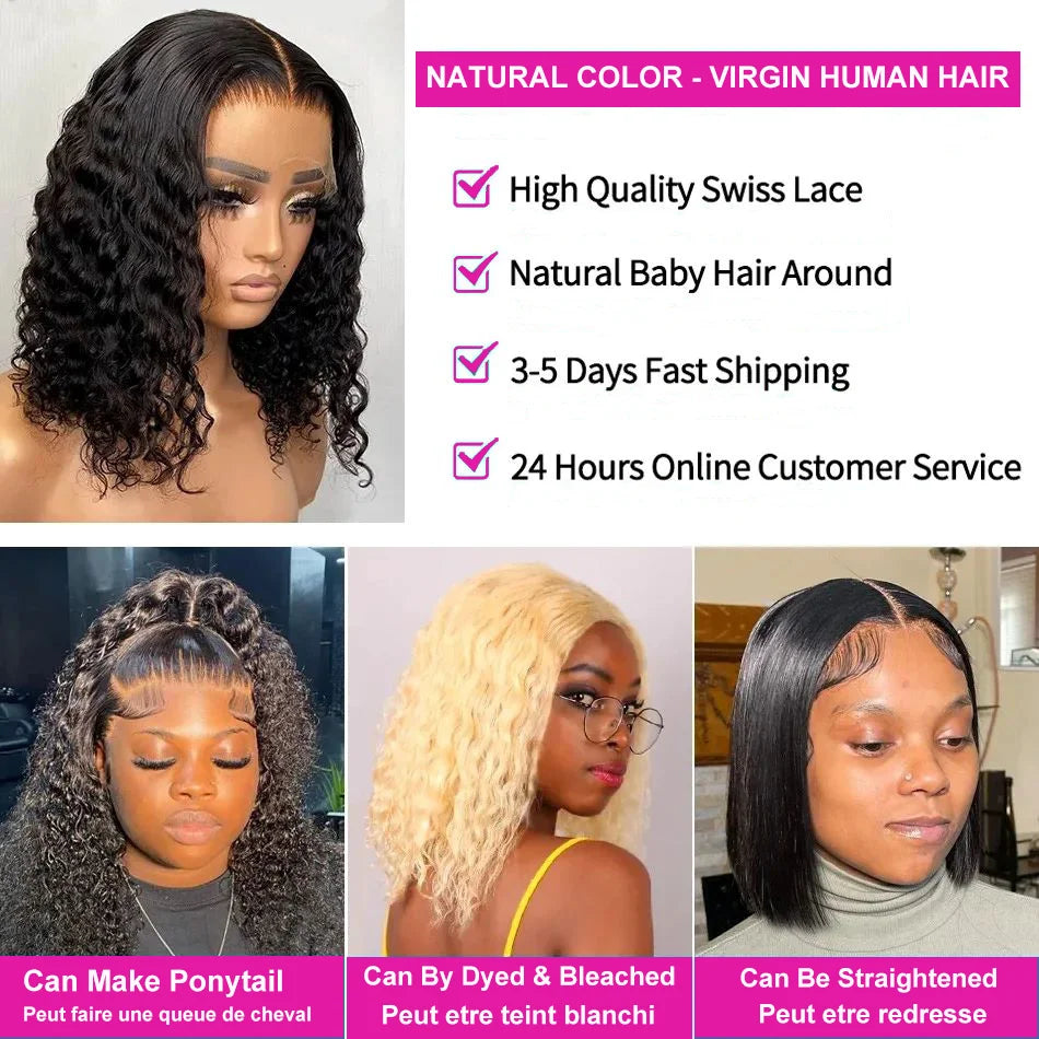 Deep Wave Short Bob Lace Wig 13x4 Lace Human Hair Wigs Pre Plucked Deep Curly Wave Transparent Lace 4x4 Curly Bob Wigs For Women