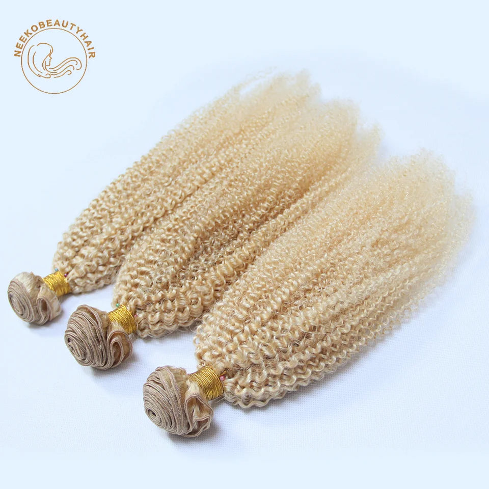 Blonde Human Hair Extension Bundles with Lace Frontal Brazilian Hair Weave with Frontal Kinky Curly Hair Color #613