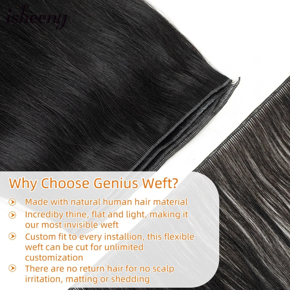 Isheeny Genius Weft Human Hair Extensions 12-20 inches Flexible Hair Weaves Natural Straight Brazilian Hair Bundles 35-50g