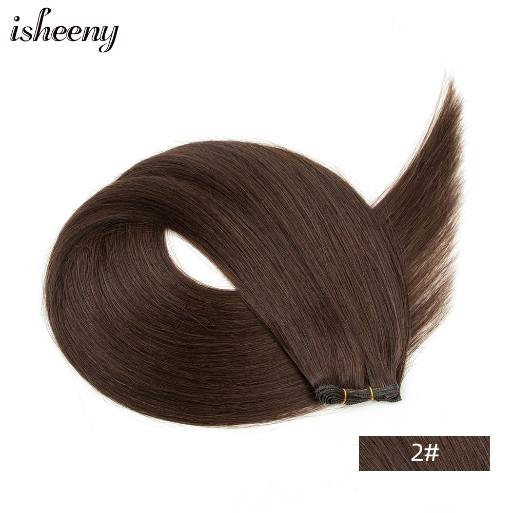 Isheeny Genius Weft Human Hair Extensions 12-20 inches Flexible Hair Weaves Natural Straight Brazilian Hair Bundles 35-50g