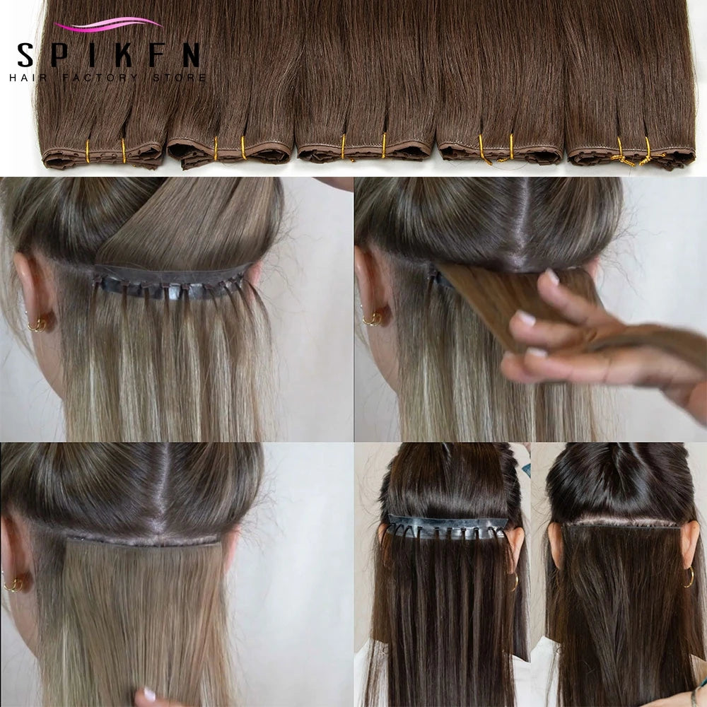 SPIKFN Double Inject PU Hole Weft Human Hair 16" 20" 24" Invisible Micro Loop XO Weft Hair Bundles Straight Weft Hair