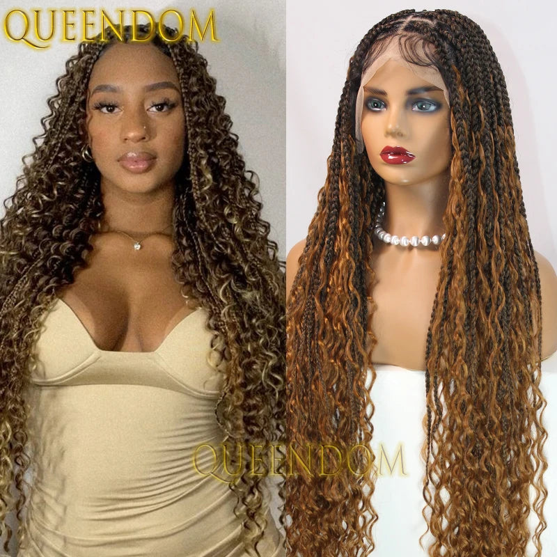 36 Inch Synthetic Bohemian Braided Wig Full Lace Box Braid Ombre Blonde Goddess Wig Knotless Cornrow Braids Wig with Curly Ends