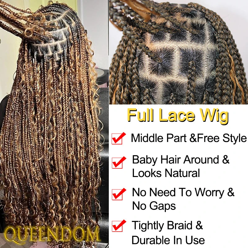 36 Inch Synthetic Bohemian Braided Wig Full Lace Box Braid Ombre Blonde Goddess Wig Knotless Cornrow Braids Wig with Curly Ends