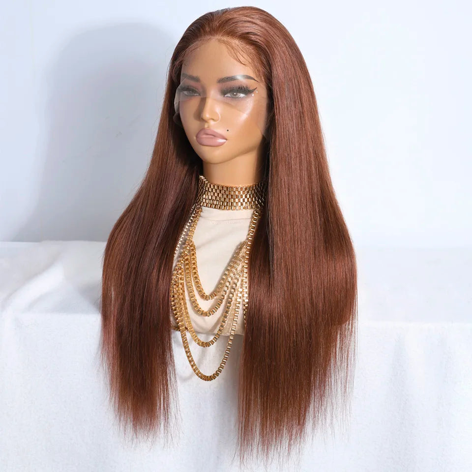 Lekker Chocolate Brown Bone Straight Lace Frontal Human Hair Wigs For Women Brazilian Remy Hair Pre Plucked Baby Hair 30" Wigs