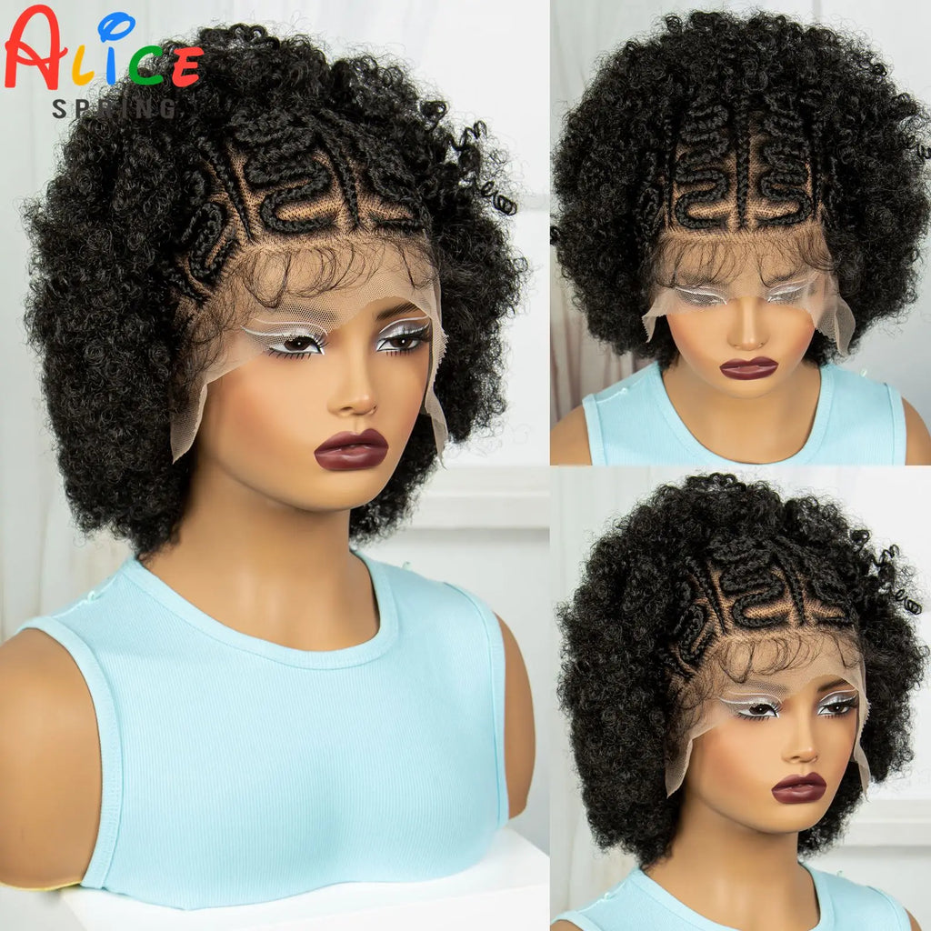 Cornrow Braided Wigs Synthetic Afro Kinky Curly Braided Lace Wig Transparent Full Lace Braids Wig With Baby Hair for Black Women