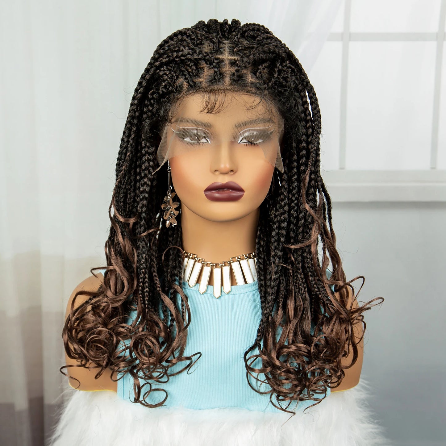 360° Transparent Full Lace Braided Wigs with Wavy Ends Synthetic Knotless Box Braided Lace Wigs with Baby Hair for Black Women