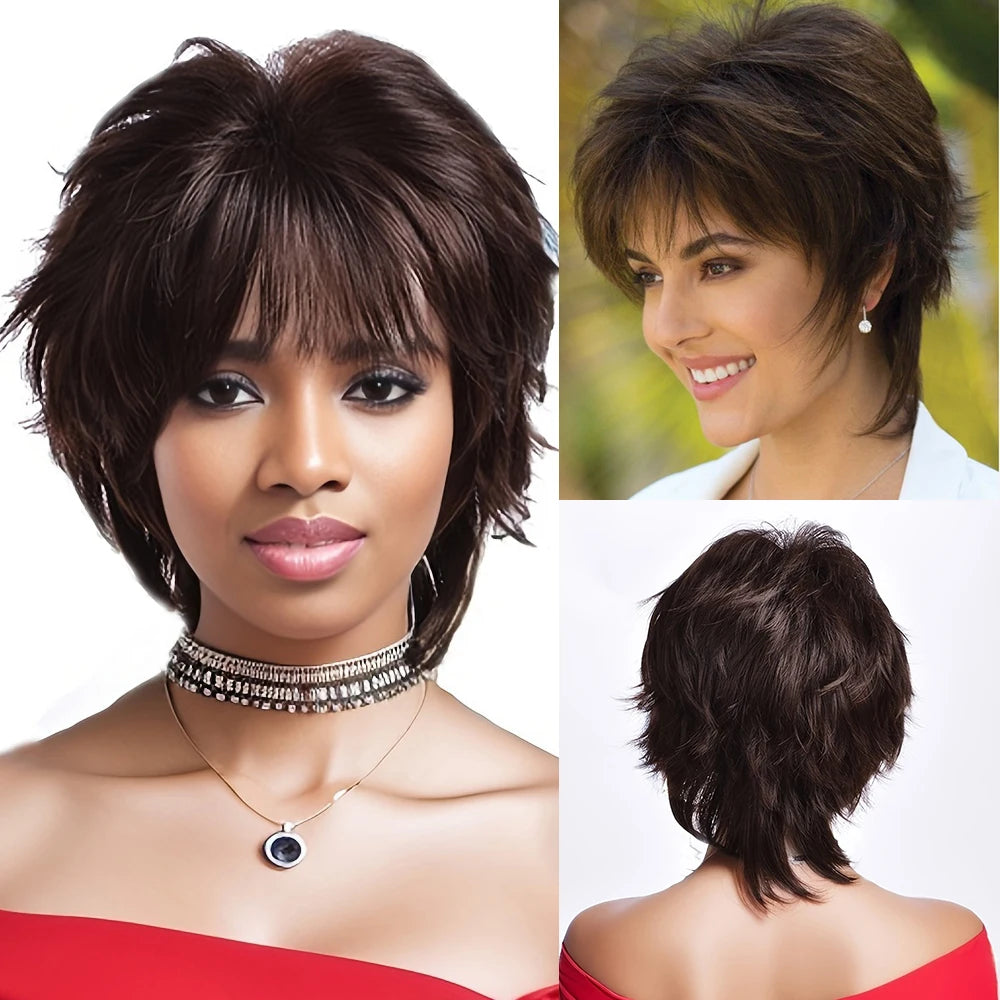 Short Wigs With Bangs Soft Hair Daily Use Short Brown Ombre Curly Synthetic Hair Costume Party Wig For Women