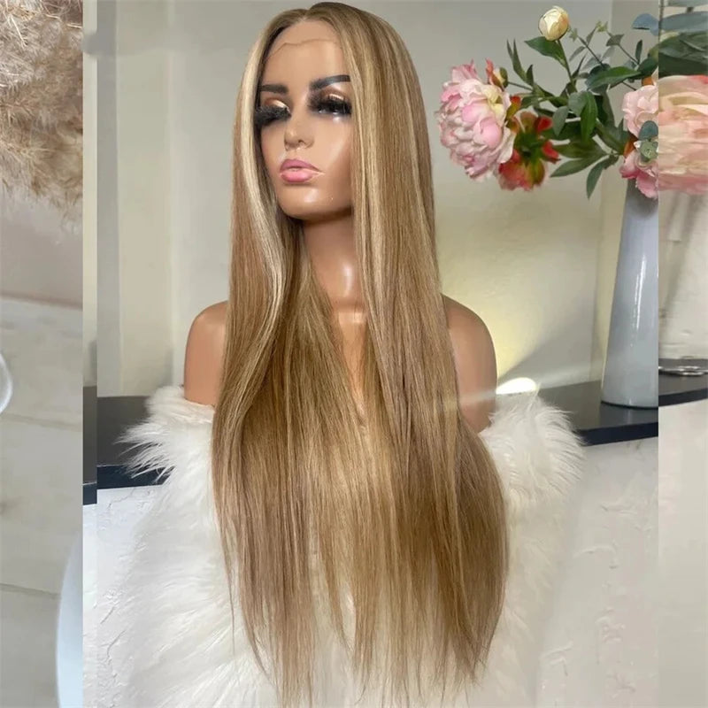 Ombre Glueless Honey Blonde Wig Human Hair Brown Highlight Wig Straight Wig 13x4 HD Lace Front Human Hair Wigs For Women