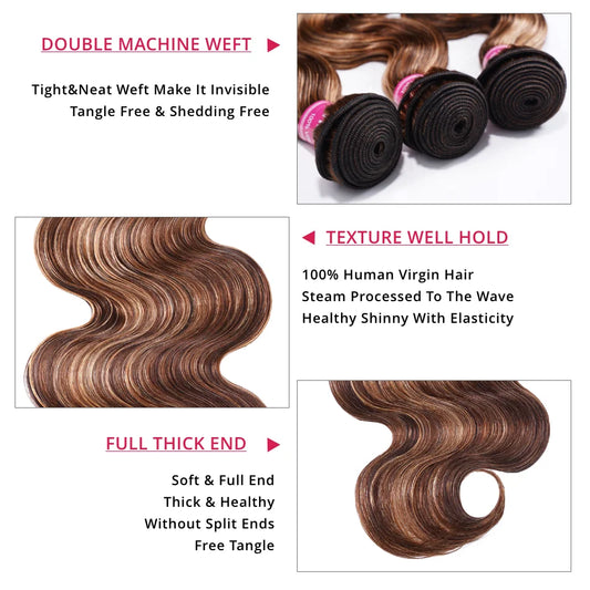 Unice Hair Honey Blonde Highlight Body Wave Human Hair Bundles 3/4 Bundles Mixed Brown Colored Hair Bundles Quick Weave Sew In