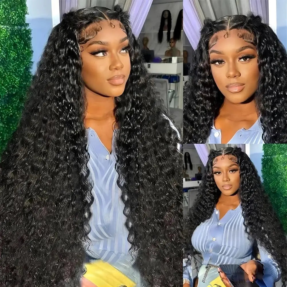 13x4 Lace Frontal Wigs Deep Wave Brazilia Human Hair Pre Plucked with Baby Hair Natural Black Color Transparent Lace Frontal Wig