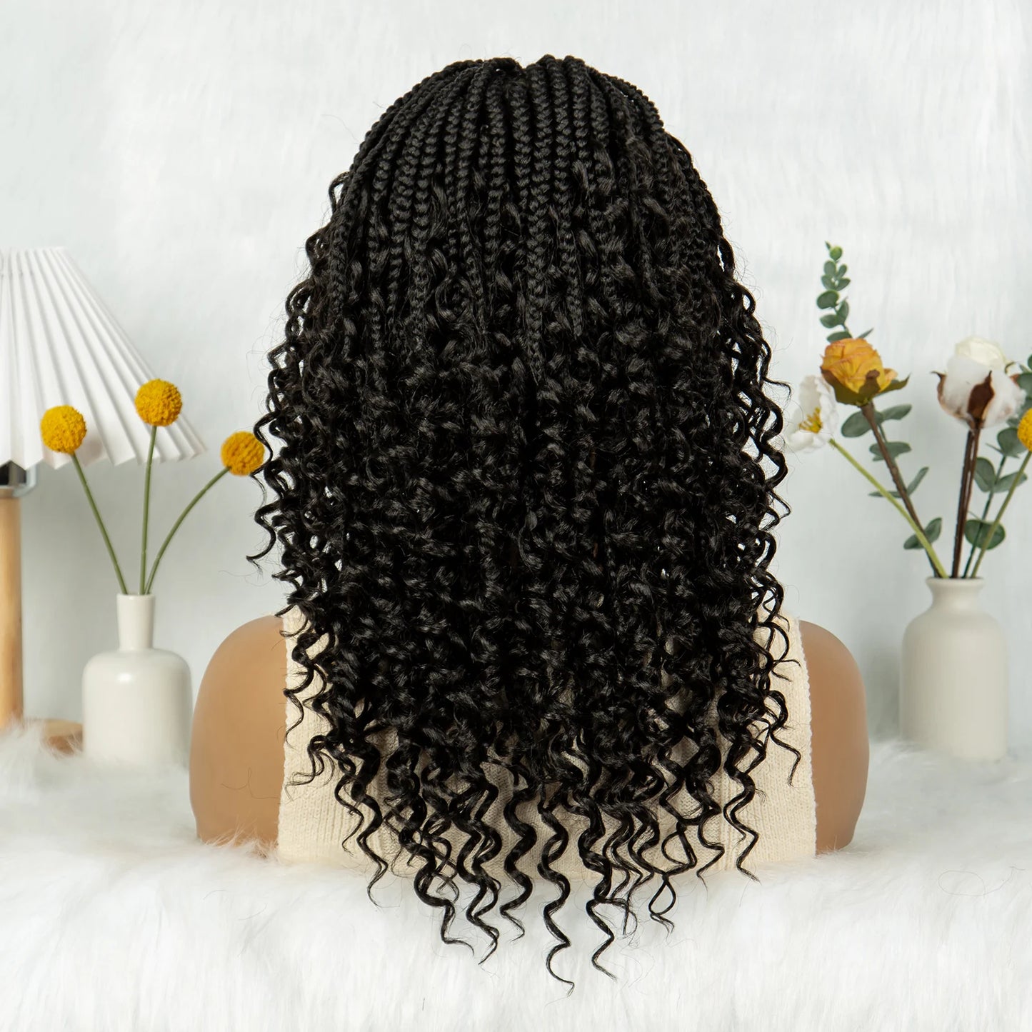 Bohemian Braided Wigs Boho Box Braid Wigs Knotless Goddess Locs Wigs Synthetic with Curly Ends Synthetic Full Lace Braided Wig