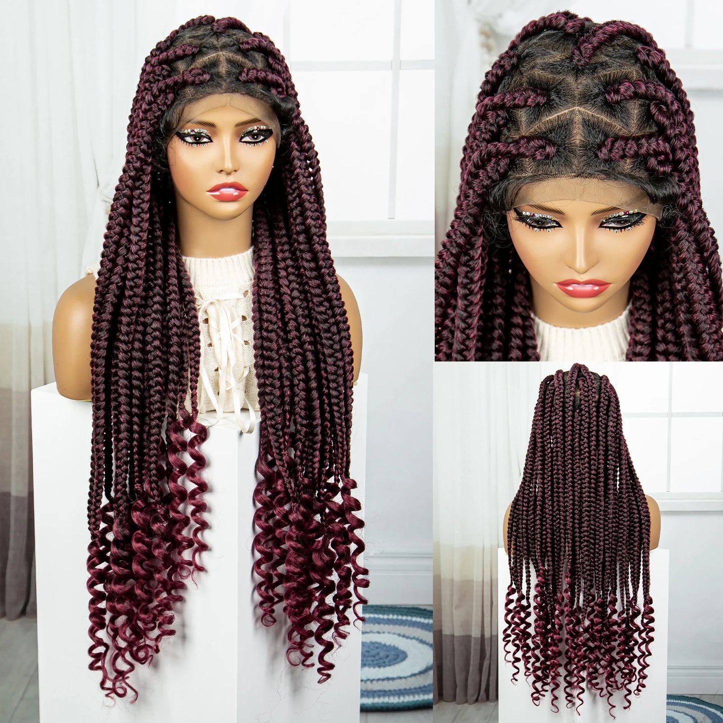 Synthetic Full Lace Braided Wigs Lace Front Knotless Box Braided Wigs with Wave Ends for Black Women Crochet Braided Lace Wigs