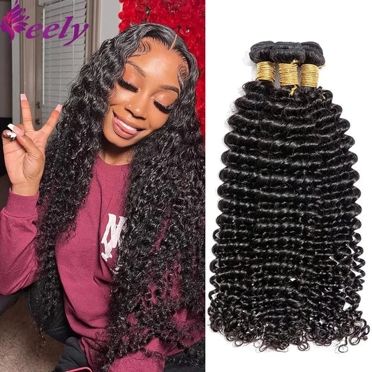 Curly Human Hair Bundles Natural Black Color Deep Wave Brazilian 1/3 Bundles 100% Human Hair Extensions 24 26 28 Inch Remy Hair