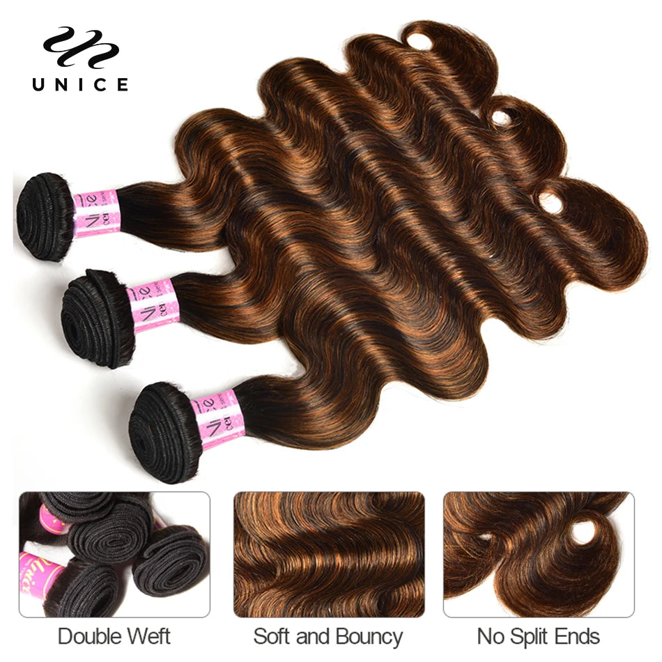 UNICE Hair Balayage Body Wave Human Hair Bundles 3PCS With 4x4 Lace Closure Highlight Bundles With Closure Make 250% Density Wig