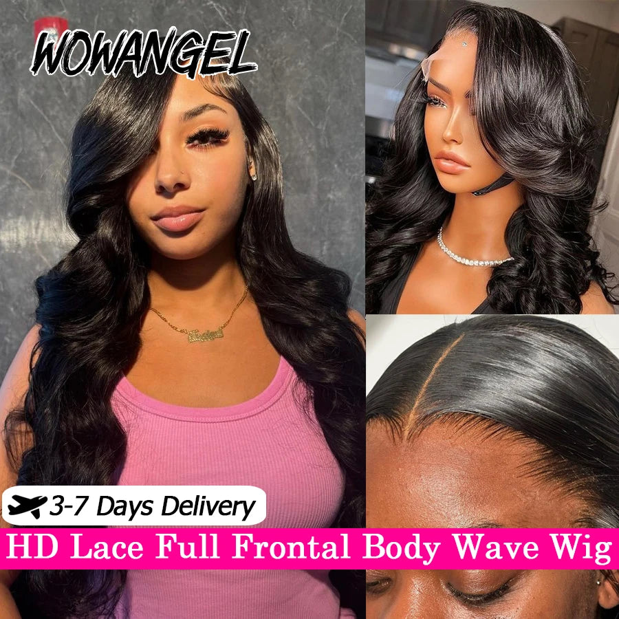 Wow Angel 13x6 HD Lace Full Frontal Wigs 34in Body Wave Human Hair Wig Melt Skins Natural Scalp Pre Plucked Brazilian Hair