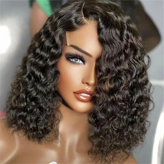 8-16inch Short Bob Wig 13x4 Deep Wave Curly Bob Wig Human Hair Lace Frontal Wigs 200% Density 4X4 Lace Closure Natural Black Wig