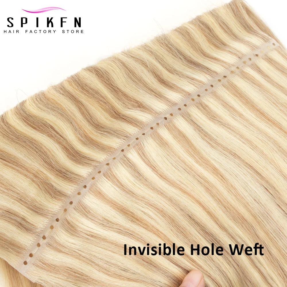 SPIKFN Double Inject PU Hole Weft Human Hair 16" 20" 24" Invisible Micro Loop XO Weft Hair Bundles Straight Weft Hair