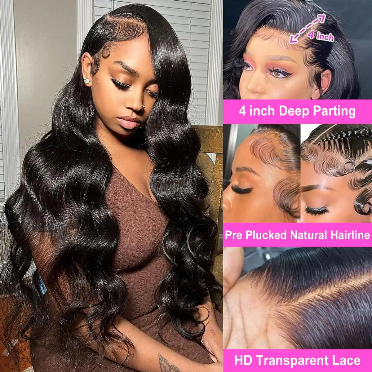 Body Wave Lace Front Wigs Human Hair 180 Density 13x4 HD Transparent Lace Frontal Wigs Pre Plucked With Baby Hair Natural Black