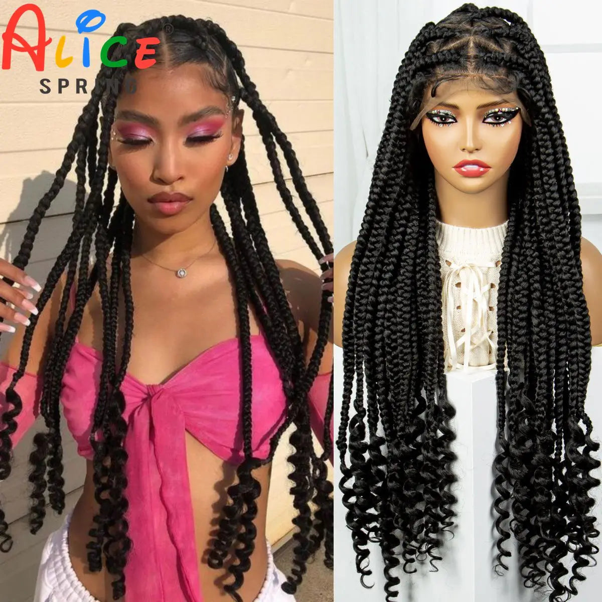 Synthetic Full Lace Braided Wigs Lace Front Knotless Box Braided Wigs with Wave Ends for Black Women Crochet Braided Lace Wigs