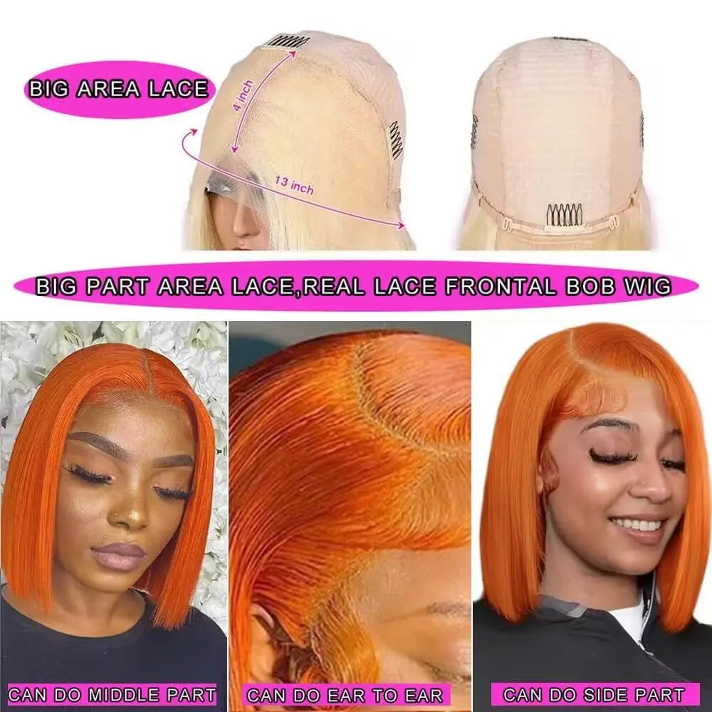 180% Density Ginger Bob Wig Human Hair 10 Inch 14x4 13x6 13x4 13x5 Straight Ginger Orange Lace Front Wig Human Hair Pre Plucked